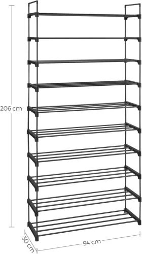 Suport pentru pantofi cu 10 niveluri, cadru metalic, economisitor de spațiu, negru 30x94x206cm