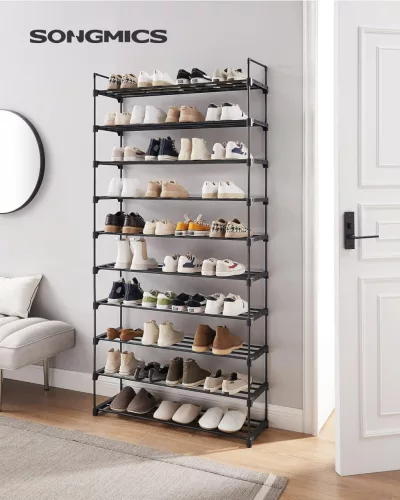 Suport pentru pantofi cu 10 niveluri, cadru metalic, economisitor de spațiu, negru 30x94x206cm