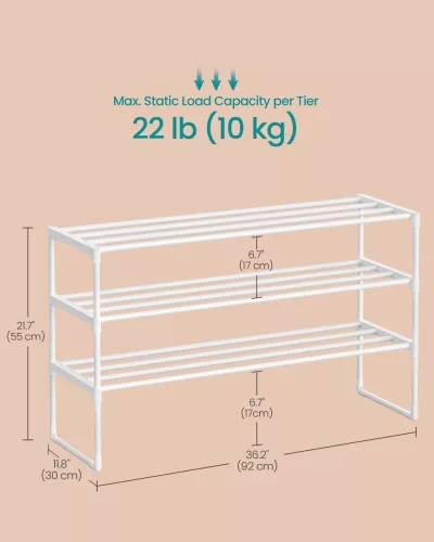 Suport pentru pantofi, depozitare metalică cu 3 niveluri, pentru până la 20 de perechi de pantofi, alb 30x92x55cm