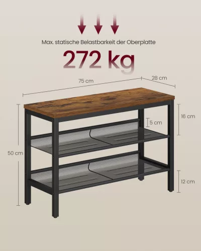 Banchetă depozitare pantofi cu trei niveluri, maro rustic și negru mat, 75 x 50 x 28 cm