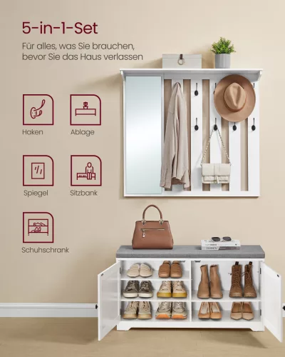 Banchetă pentru pantofi, dulap de perete, umerașe cu oglindă, 10 umerașe duble, alb