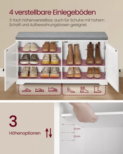 Banchetă pentru pantofi, dulap de perete, umerașe cu oglindă, 10 umerașe duble, alb