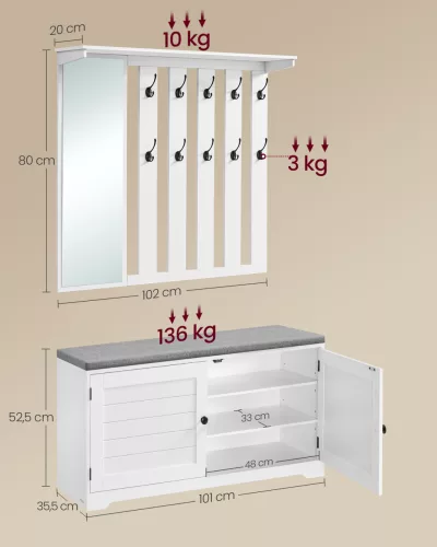 Banchetă pentru pantofi, dulap de perete, umerașe cu oglindă, 10 umerașe duble, alb