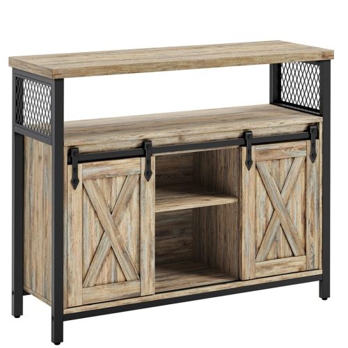 vasagle-comoda-cu-usi-glisante-si-rafturi-deschise-maro-turcoaz-100x33x80cm