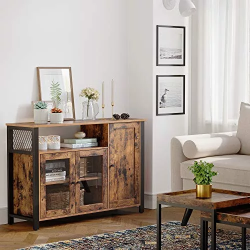 vasagle-comoda-cu-trei-usi-si-rafturi-deschise-maro-rustic-110x33x75cm