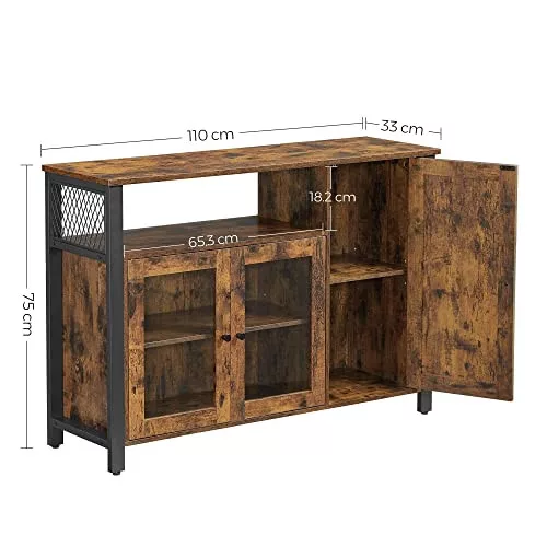 vasagle-comoda-cu-trei-usi-si-rafturi-deschise-maro-rustic-110x33x75cm