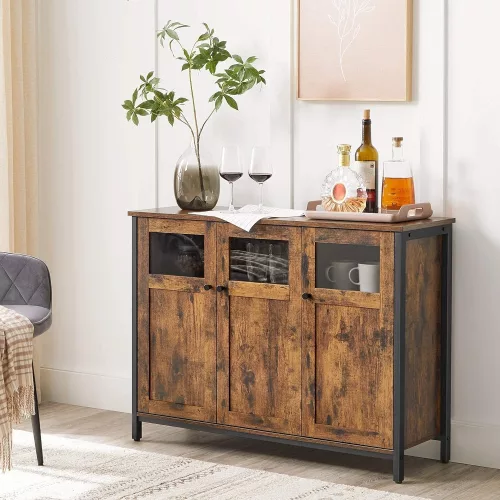 vasagle-comoda-cu-trei-usi-maro-rustic-100x35x75cm