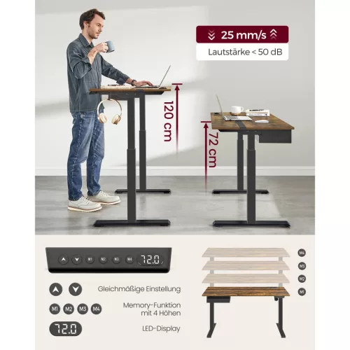 Birou reglabil electric, cu sertar, rustic maro 140 cm