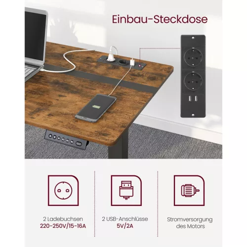 Birou reglabil electric, cu sertar, rustic maro 140 cm