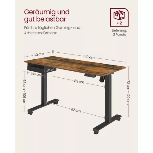 Birou reglabil electric, cu sertar, rustic maro 140 cm