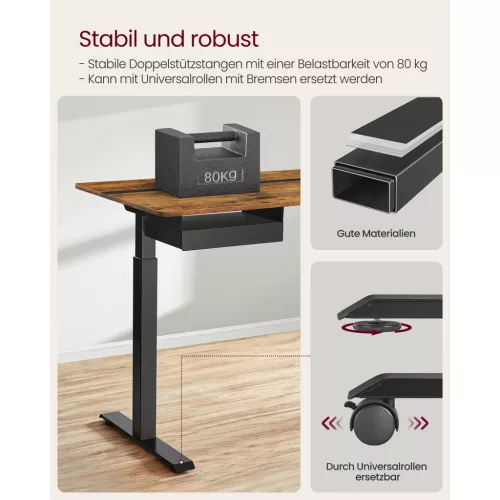 Birou reglabil electric, cu sertar, rustic maro 140 cm