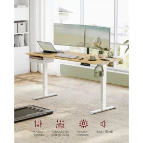 Birou reglabil electric, cu sertar, stejar și alb, 160 cm