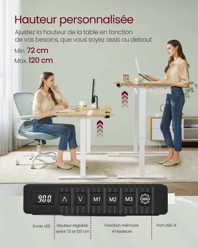 Birou reglabil electric, cu sertar, stejar și alb, 160 cm