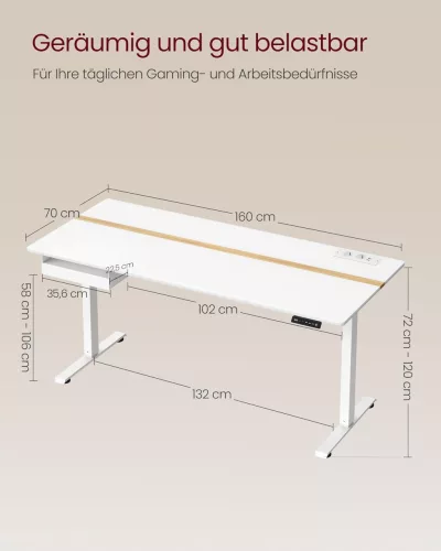 Masă birou, reglabil electric cu sertar, alb, 160 cm