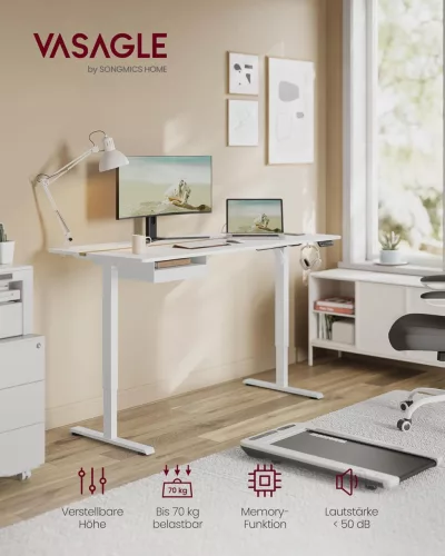 Masă birou, reglabil electric cu sertar, alb, 160 cm