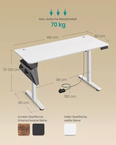 Birou reglabil electric, 60 x 140 x 72-120 cm, alb nori