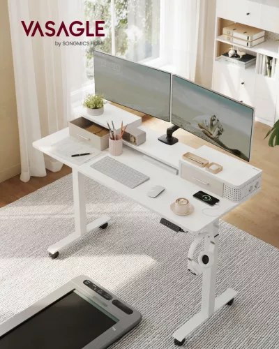 Masă birou reglabil electric cu suport monitor, alb 140 x 60 x (83-131) cm
