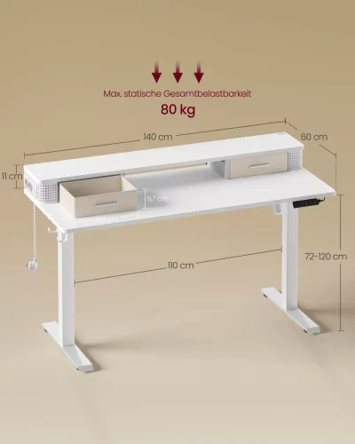 Masă birou reglabil electric cu suport monitor, alb 140 x 60 x (83-131) cm