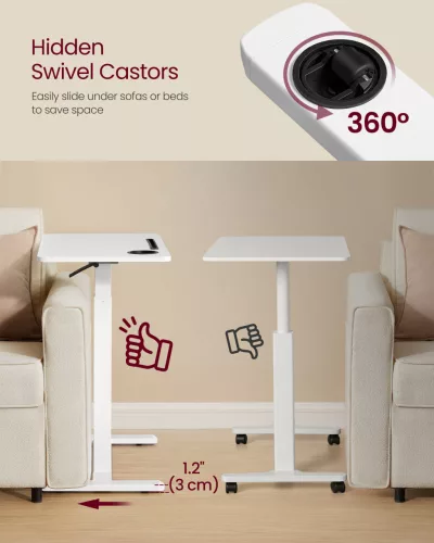 Birou mobil pentru calculator cu roți, înălțime reglabilă 70x40cm, alb nor