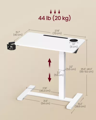 Birou mobil pentru calculator cu roți, înălțime reglabilă 70x40cm, alb nor