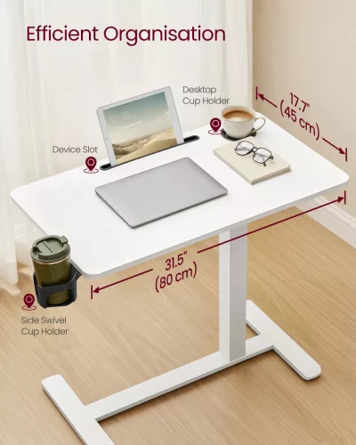 Birou mobil pentru calculator cu roți, înălțime reglabilă 80x45cm, alb nor