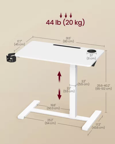 Birou mobil pentru calculator cu roți, înălțime reglabilă 80x45cm, alb nor