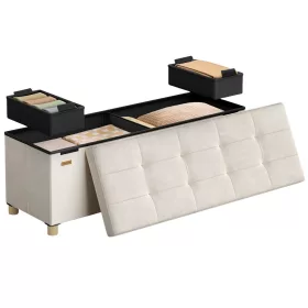  Bancă, cu depozitare, pliabilă, catifea, 112 L, alb, 110 x 38 x 40 cm