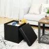 Puf pliabil cu spațiu de depozitare, piele ecologică, negru, 38 x 38 x 38 cm