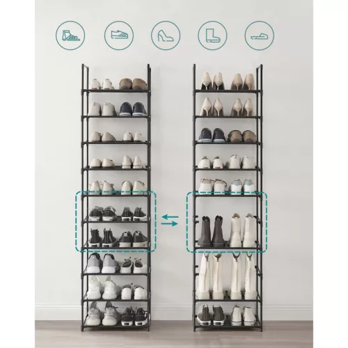 Suport pentru pantofi, depozitare metalică cu 10 niveluri, economisitor de spațiu, negru 45x28x173cm