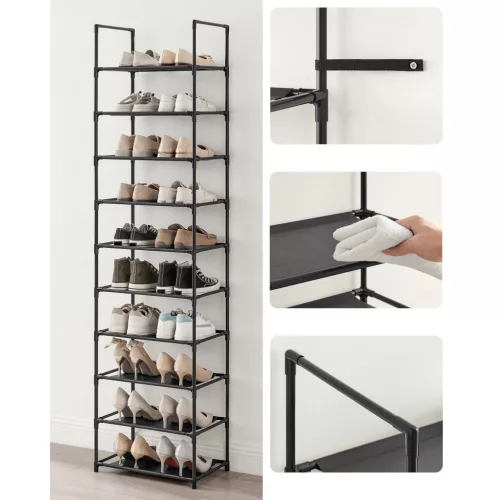 Suport pentru pantofi, depozitare metalică cu 10 niveluri, economisitor de spațiu, negru 45x28x173cm
