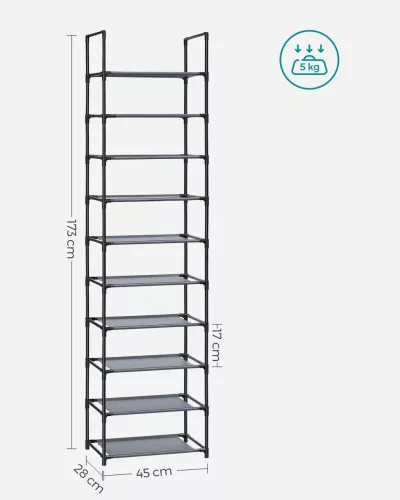 Raft depozitare pantofi cu cadru metalic cu 10 niveluri, gri 45x28x173cm