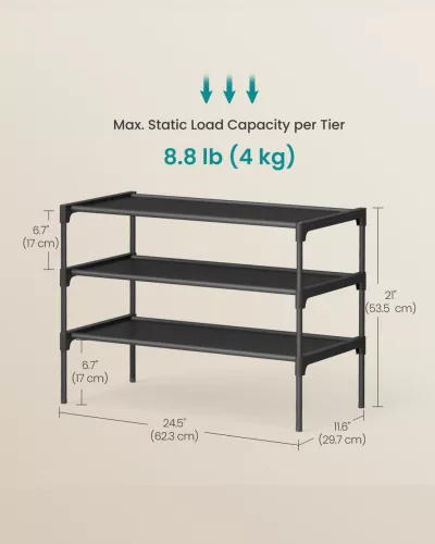 Raft pentru pantofi cu 3 niveluri, cadru metalic, negru 30x30x90cm