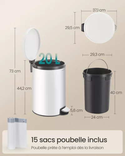 Coș de gunoi rotund, 20L, metal, pedală, cu găleată interioară detașabilă, alb