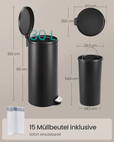 Coș de gunoi rotund 30L, pedală, oțel, închidere silențioasă, negru 29.5 x 37.1 x