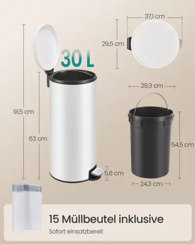 Coș de gunoi rotund, 30L, pedală, oțel, cu găleată din plastic, închidere