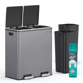   Coș de gunoi selectiv 2x30L, metalic, 2 compartimente, pedală, închidere silențioasă, antracit