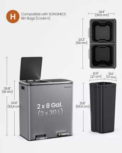 Coș de gunoi selectiv 2x30L, metalic, 2 compartimente, pedală, închidere silențioasă, antracit