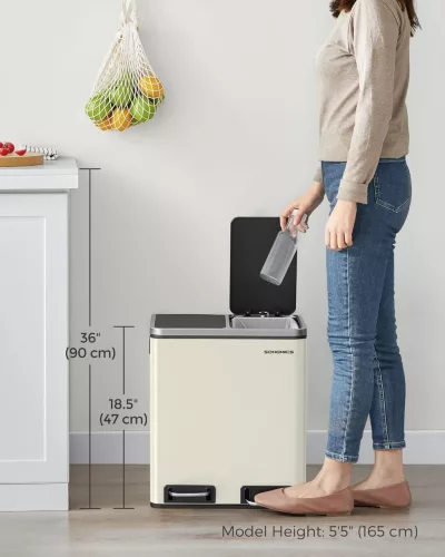 Coș de gunoi selectiv 2x15L, acționat cu pedală, închidere silențioasă, oțel, bej nisipos și cerneală