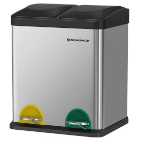   Coș de gunoi selectiv, 30L, 2x15L, cu găleți interioare, pedale codificate prin culori, argintiu și