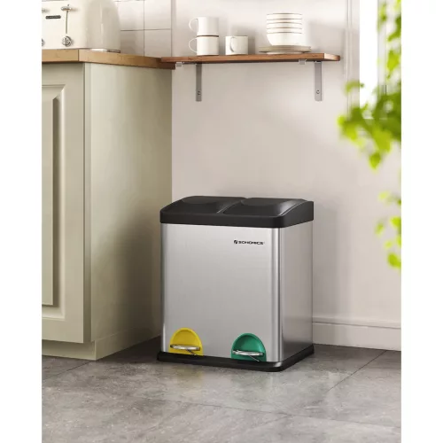 Coș de gunoi selectiv, 30L, 2x15L, cu găleți interioare, pedale codificate prin culori, argintiu și