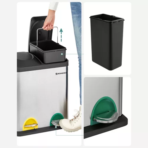 Coș de gunoi selectiv, 30L, 2x15L, cu găleți interioare, pedale codificate prin culori, argintiu și