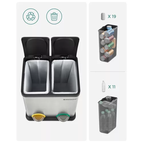 Coș de gunoi selectiv, 30L, 2x15L, cu găleți interioare, pedale codificate prin culori, argintiu și