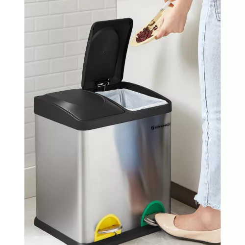 Coș de gunoi selectiv, 30L, 2x15L, cu găleți interioare, pedale codificate prin culori, argintiu și