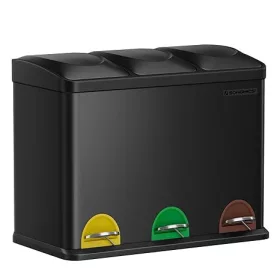   Coș de gunoi de bucătărie SONGMICS, cu trei piese, acționat cu pedală, metal, negru
