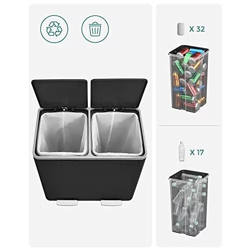 Coș de gunoi cu două compartimente, 2 x 24L, pedală, negru, 58.5 x 32 x 55 cm