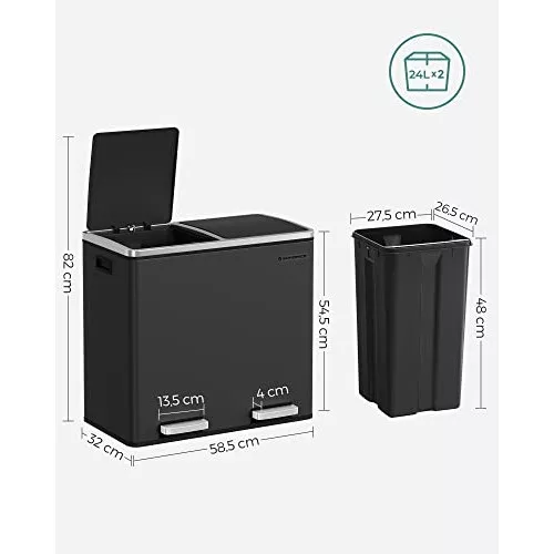 Coș de gunoi cu două compartimente, 2 x 24L, pedală, negru, 58.5 x 32 x 55 cm