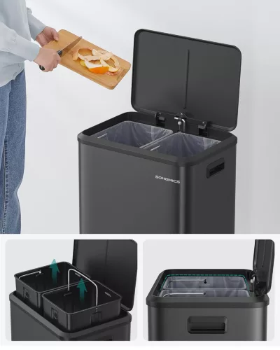 Coș de gunoi selectiv 2x15L, acționat cu pedală, oțel inoxidabil, etanș, 41x31x47cm