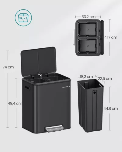 Coș de gunoi selectiv 2x15L, acționat cu pedală, oțel inoxidabil, etanș, 41x31x47cm