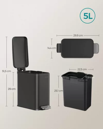 Coș de gunoi pentru baie, 5L, cu capac, pedală, oțel, negru 25x25x30cm