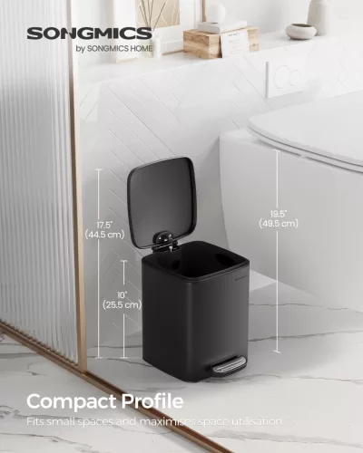 Coș de gunoi de bucătărie, acționat cu pedală, oțel, cu găleată interioară, închidere silențioasă, 6L, negru
